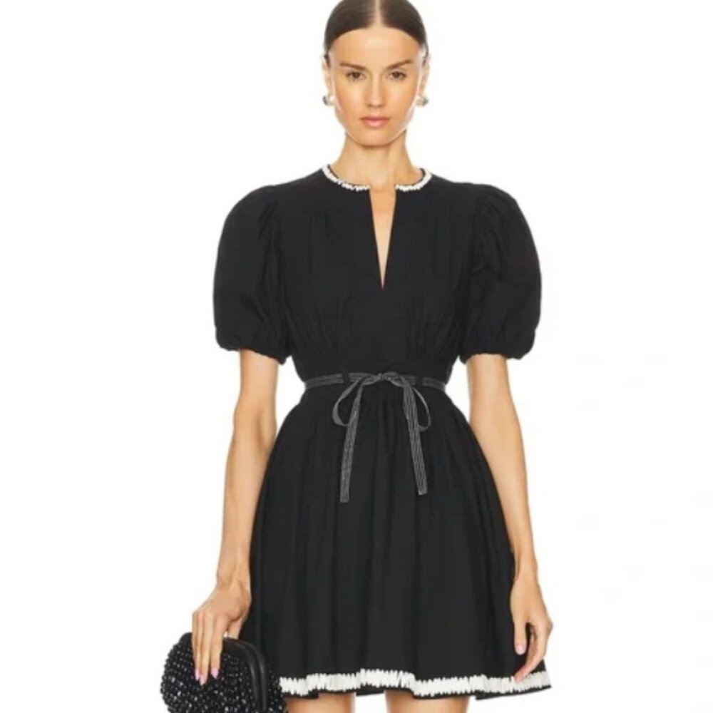Ulla Johnson Black Puff-Sleeve Mini Dress with White Trim